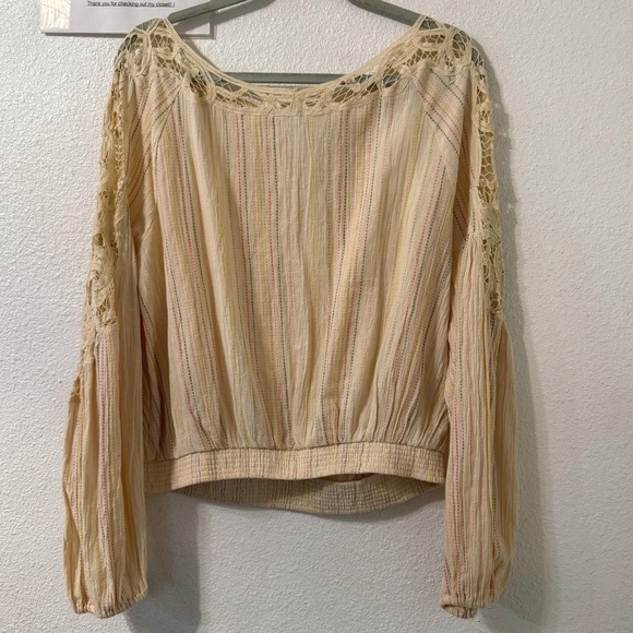 Free People Crochet Lace Peasant Blouse Cream Striped Cotton Smocked Top Large - Picture 3 of 6